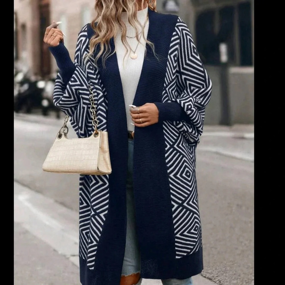 Geometric Pattern Casual Long Sleeve Cardigan, - Picture 3 of 5